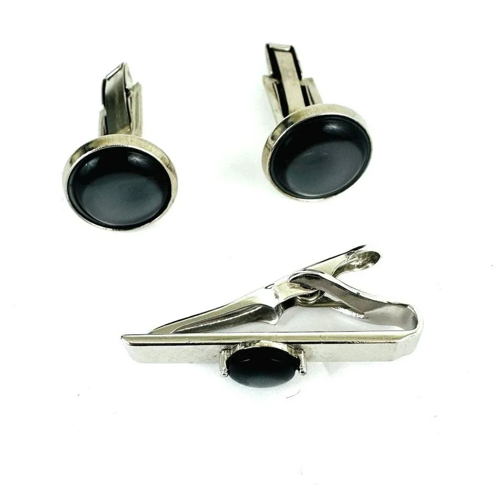 Swank Mens Vintage Silver Tone Black Cabochon Cufflinks and Tie Clip Set MCM